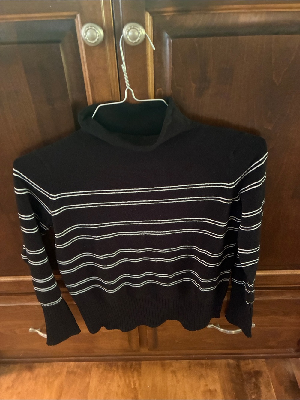 French Connection Black Turtleneck Sweater with White Stripes